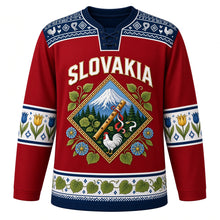 Load image into Gallery viewer, Slovakia Original Hockey Jersey in Rooster Red, front view – Cicmany folk-ornament yoke and diamond crest with Krivan peak and fujara flute, ornate detailed artwork, custom name and number