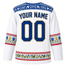 Load image into Gallery viewer, Slovakia Original Hockey Jersey in Tatra Snow White, back view with your name and number – Cicmany folk-ornament yoke and majolica-flower sleeve bands
