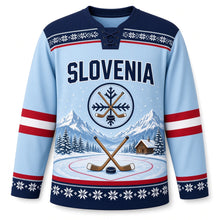 Load image into Gallery viewer, Slovenia Patriotic Mountain Pond Hockey Original Hockey Jersey in Pond Ice Blue, front view – custom name and number