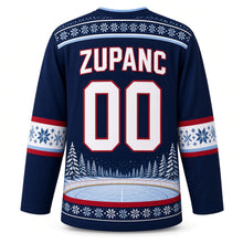 Load image into Gallery viewer, Slovenia Patriotic Mountain Pond Hockey Original Hockey Jersey in Winter Navy, back view with your name and number