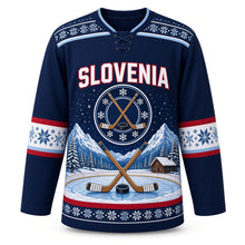 Load image into Gallery viewer, Slovenia Patriotic Mountain Pond Hockey Original Hockey Jersey in Winter Navy, front view – custom name and number