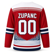Load image into Gallery viewer, Slovenia Patriotic Mountain Pond Hockey Original Hockey Jersey in Cabin Red, back view with your name and number