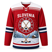 Load image into Gallery viewer, Slovenia Patriotic Mountain Pond Hockey Original Hockey Jersey in Cabin Red, front view – custom name and number
