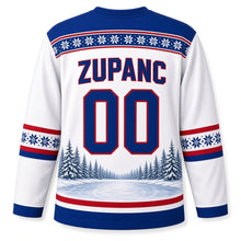 Load image into Gallery viewer, Slovenia Patriotic Mountain Pond Hockey Original Hockey Jersey in Alpine White, back view with your name and number