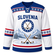 Load image into Gallery viewer, Slovenia Patriotic Mountain Pond Hockey Original Hockey Jersey in Alpine White, front view – custom name and number