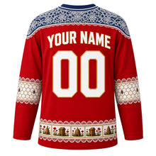 Load image into Gallery viewer, Slovenia Original Hockey Jersey in Carnation Red, back view with your name and number – Idrija lace yoke and honeycomb sleeve bands