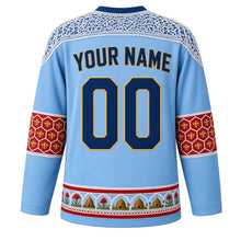 Load image into Gallery viewer, Slovenia Original Hockey Jersey in Ljubljana Sky, back view with your name and number – Idrija lace yoke and honeycomb sleeve bands