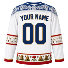 Load image into Gallery viewer, Slovenia Original Hockey Jersey in Alpine White, back view with your name and number – Idrija lace yoke and honeycomb sleeve bands