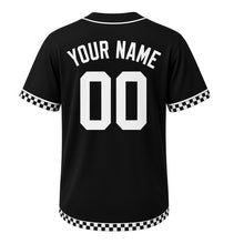 Load image into Gallery viewer, Smash Burger Diner Milwaukee Baseball Jersey in Checkerboard Black, back view with your name and number – custom block name and number with checkerboard sleeves