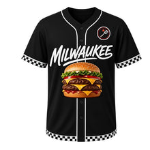 Load image into Gallery viewer, Smash Burger Diner Milwaukee Baseball Jersey in Checkerboard Black, front view – smash burger graphic with spatula-and-star crest, custom name and number