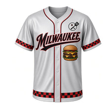 Load image into Gallery viewer, Smash Burger Diner Milwaukee Baseball Jersey in Diner Chrome Silver, front view – smash burger graphic with spatula-and-star crest, custom name and number