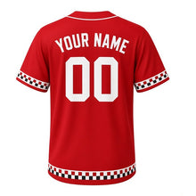 Load image into Gallery viewer, Smash Burger Diner Milwaukee Baseball Jersey in Ketchup Red, back view with your name and number – custom block name and number with checkerboard sleeves