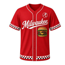 Load image into Gallery viewer, Smash Burger Diner Milwaukee Baseball Jersey in Ketchup Red, front view – smash burger graphic with spatula-and-star crest, custom name and number