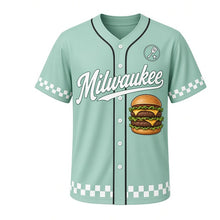Load image into Gallery viewer, Smash Burger Diner Milwaukee Baseball Jersey in Malt Shop Mint, front view – smash burger graphic with spatula-and-star crest, custom name and number