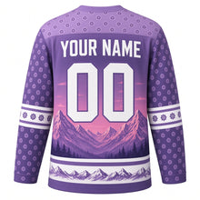 Load image into Gallery viewer, Snow Leopard Peaks Original Hockey Jersey in Twilight Plum, back view with your name and number – rosette-spot yoke and mountain-silhouette hem stripes