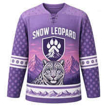 Load image into Gallery viewer, Snow Leopard Peaks Original Hockey Jersey in Twilight Plum, front view – snow leopard head, rosette spots and paw-and-peak shield crest, custom name and number