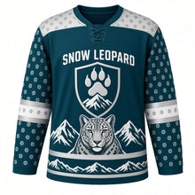 Load image into Gallery viewer, Snow Leopard Peaks Original Hockey Jersey in Frost Teal, front view – snow leopard head, rosette spots and paw-and-peak shield crest, custom name and number