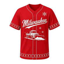 Load image into Gallery viewer, Snow Plow Milwaukee Baseball Jersey in Plow Light Red, front view – snow plow truck pushing fresh snow graphic, custom name and number