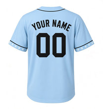 Load image into Gallery viewer, Snow Plow Milwaukee Baseball Jersey in Winter Sky Blue, back view with your name and number – custom block name and number with snowflake sleeves