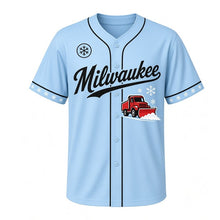 Load image into Gallery viewer, Snow Plow Milwaukee Baseball Jersey in Winter Sky Blue, front view – snow plow truck pushing fresh snow graphic, custom name and number