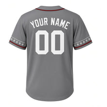 Load image into Gallery viewer, Snow Plow Milwaukee Baseball Jersey in Salt Truck Steel Gray, back view with your name and number – custom block name and number with snowflake sleeves