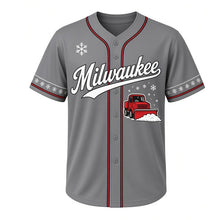 Load image into Gallery viewer, Snow Plow Milwaukee Baseball Jersey in Salt Truck Steel Gray, front view – snow plow truck pushing fresh snow graphic, custom name and number