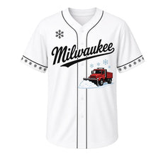 Load image into Gallery viewer, Snow Plow Milwaukee Baseball Jersey in Fresh Powder White, front view – snow plow truck pushing fresh snow graphic, custom name and number