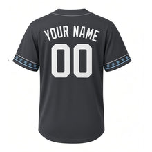 Load image into Gallery viewer, Snowflake Winter Milwaukee Baseball Jersey in Winter Charcoal, back view with your name and number – custom block name and number with snowflake-stripe sleeves