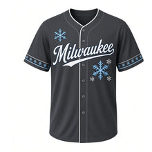 Load image into Gallery viewer, Snowflake Winter Milwaukee Baseball Jersey in Winter Charcoal, front view – large six-pointed snowflake graphic with snowflake crest, custom name and number