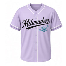 Load image into Gallery viewer, Snowflake Winter Milwaukee Baseball Jersey in Ice Lavender, front view – large six-pointed snowflake graphic with snowflake crest, custom name and number