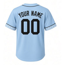 Load image into Gallery viewer, Snowflake Winter Milwaukee Baseball Jersey in Frost Sky Blue, back view with your name and number – custom block name and number with snowflake-stripe sleeves
