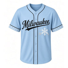 Load image into Gallery viewer, Snowflake Winter Milwaukee Baseball Jersey in Frost Sky Blue, front view – large six-pointed snowflake graphic with snowflake crest, custom name and number