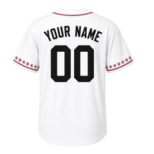 Load image into Gallery viewer, Snowflake Winter Milwaukee Baseball Jersey in Snow White, back view with your name and number – custom block name and number with snowflake-stripe sleeves