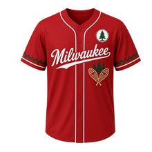 Load image into Gallery viewer, Snowshoe Trail Milwaukee Baseball Jersey in Ember Red, front view – crossed wooden snowshoes and pine trees graphic with pine-tree crest, custom name and number
