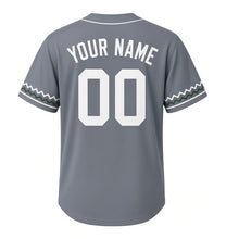 Load image into Gallery viewer, Snowshoe Trail Milwaukee Baseball Jersey in Slate Gray, back view with your name and number – custom block name and number with zigzag-stripe sleeves
