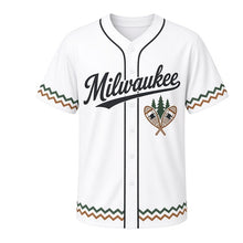 Load image into Gallery viewer, Snowshoe Trail Milwaukee Baseball Jersey in Snowfield White, front view – crossed wooden snowshoes and pine trees graphic with pine-tree crest, custom name and number