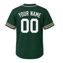 Load image into Gallery viewer, Snowshoe Trail Milwaukee Baseball Jersey in Trail Spruce Green, back view with your name and number – custom block name and number with zigzag-stripe sleeves