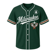 Load image into Gallery viewer, Snowshoe Trail Milwaukee Baseball Jersey in Trail Spruce Green, front view – crossed wooden snowshoes and pine trees graphic with pine-tree crest, custom name and number