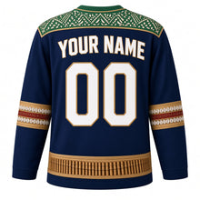 Load image into Gallery viewer, Solomon Islands Original Hockey Jersey in Lagoon Blue, back view with your name and number – shell-inlay yoke and shell-money sleeve bands