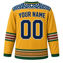Load image into Gallery viewer, Solomon Islands Original Hockey Jersey in Sunrise Gold, back view with your name and number – shell-inlay yoke and shell-money sleeve bands
