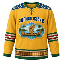 Load image into Gallery viewer, Solomon Islands Original Hockey Jersey in Sunrise Gold, front view – mother-of-pearl inlay yoke and canoe-shaped crest with tomoko canoe and panpipes, ornate detailed artwork, custom name and number
