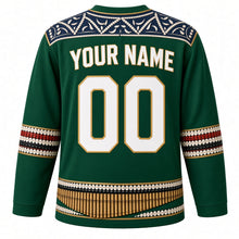 Load image into Gallery viewer, Solomon Islands Original Hockey Jersey in Rainforest Green, back view with your name and number – shell-inlay yoke and shell-money sleeve bands