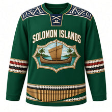 Load image into Gallery viewer, Solomon Islands Original Hockey Jersey in Rainforest Green, front view – mother-of-pearl inlay yoke and canoe-shaped crest with tomoko canoe and panpipes, ornate detailed artwork, custom name and number