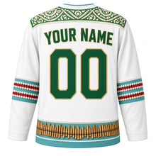 Load image into Gallery viewer, Solomon Islands Original Hockey Jersey in Pearl Shell White, back view with your name and number – shell-inlay yoke and shell-money sleeve bands