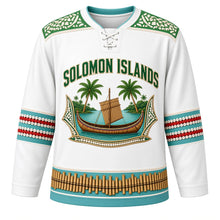 Load image into Gallery viewer, Solomon Islands Original Hockey Jersey in Pearl Shell White, front view – mother-of-pearl inlay yoke and canoe-shaped crest with tomoko canoe and panpipes, ornate detailed artwork, custom name and number