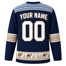Load image into Gallery viewer, Somalia Original Hockey Jersey in Indian Ocean Navy, back view with your name and number – alindi woven-stripe yoke and aqal-mat sleeve bands