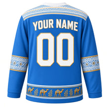 Load image into Gallery viewer, Somalia Original Hockey Jersey in Benadir Royal Blue, back view with your name and number – alindi woven-stripe yoke and aqal-mat sleeve bands