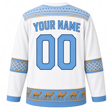 Load image into Gallery viewer, Somalia Original Hockey Jersey in Coastal White, back view with your name and number – alindi woven-stripe yoke and aqal-mat sleeve bands