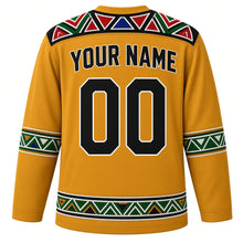 Load image into Gallery viewer, South Africa Original Hockey Jersey in Highveld Gold, back view with your name and number – Ndebele-pattern yoke and Zulu beadwork sleeve bands