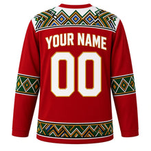 Load image into Gallery viewer, South Africa Original Hockey Jersey in Cape Sunset Red, back view with your name and number – Ndebele-pattern yoke and Zulu beadwork sleeve bands